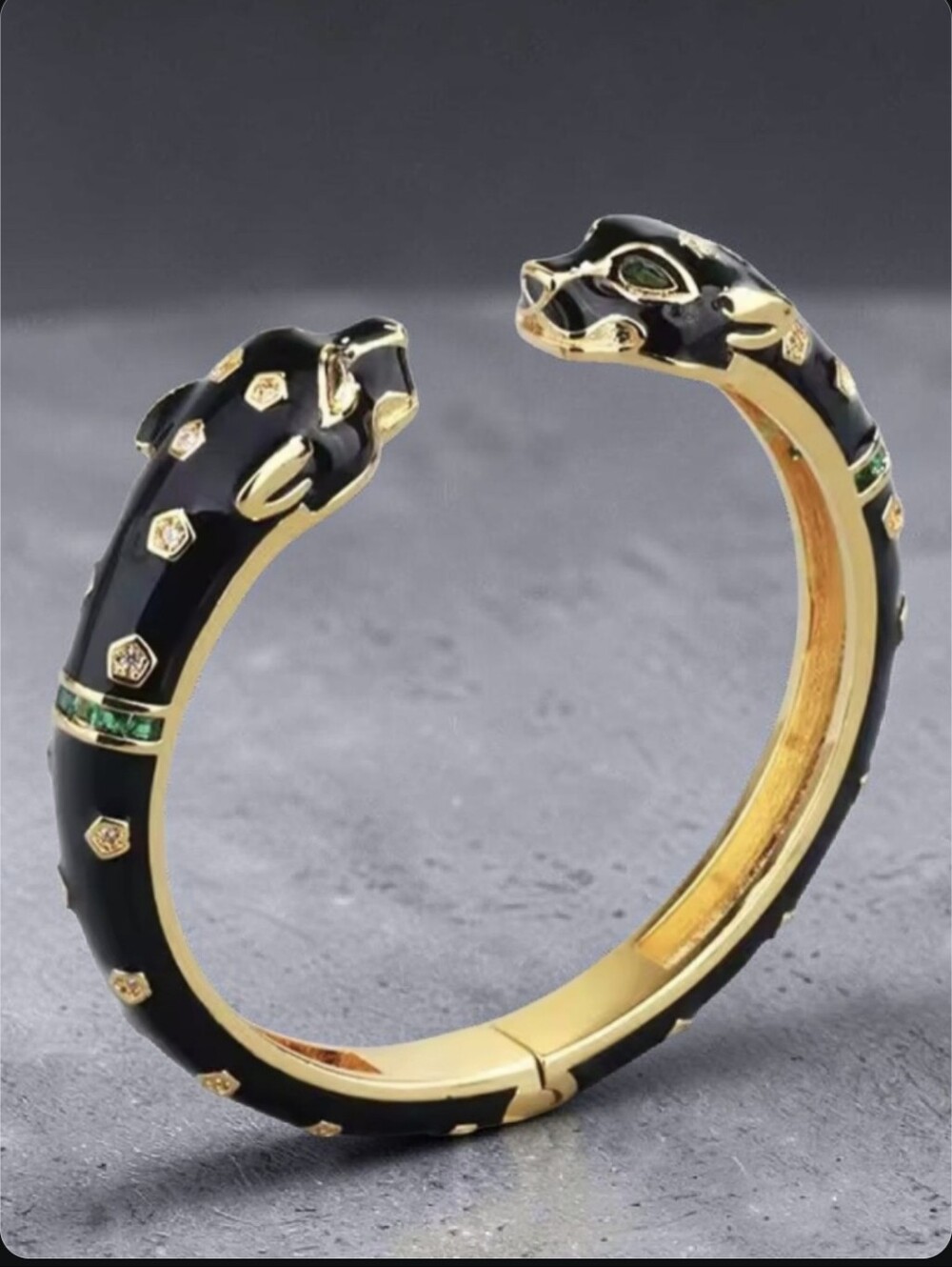 18k Gold Plated Luxury Duo Panther Leopard Head Onyx Enamel Crystal Bracelet